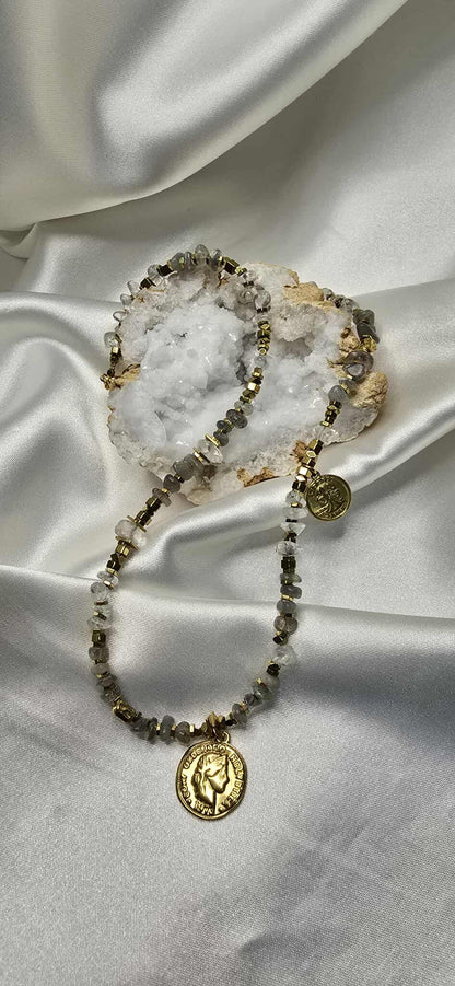 Náhrdelník Labradorite and Hematite Coin