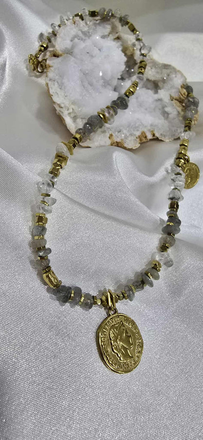 Náhrdelník Labradorite and Hematite Coin