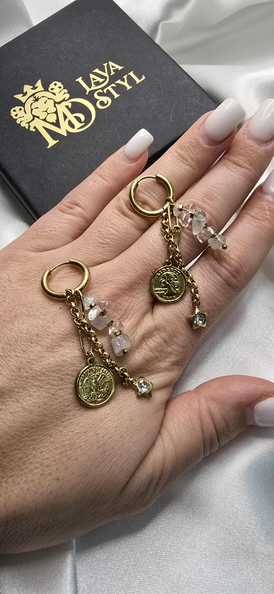 Náušnice Labradorite and Hematite Coin Charm