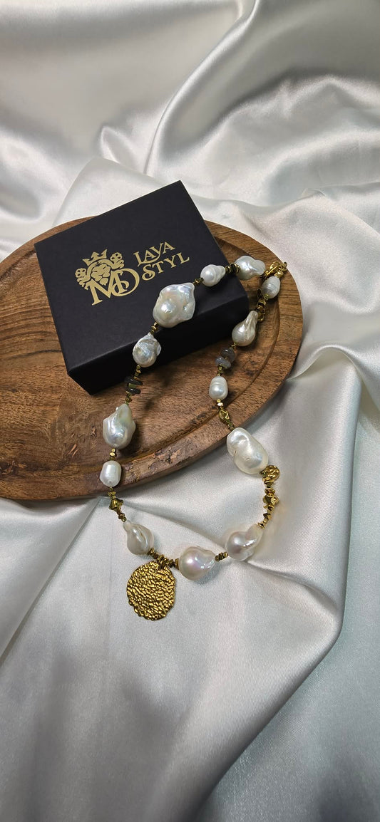 Aura Nature Náhrdelník z riečnych perál, labradoritu a zlatého hematitu