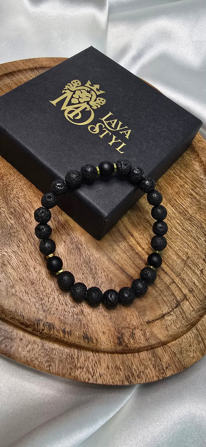 Náramok Lava Black Gold – lávový kameň, onyx & zlatý hematit