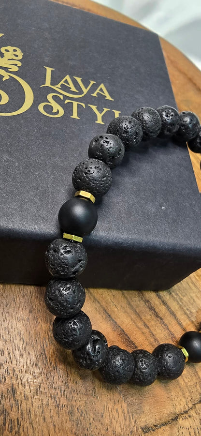 Náramok Lava Black Gold – lávový kameň, onyx & zlatý hematit
