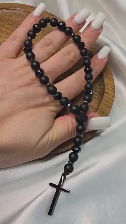 Ruženec do auta – onyx, lávový kameň a hematit